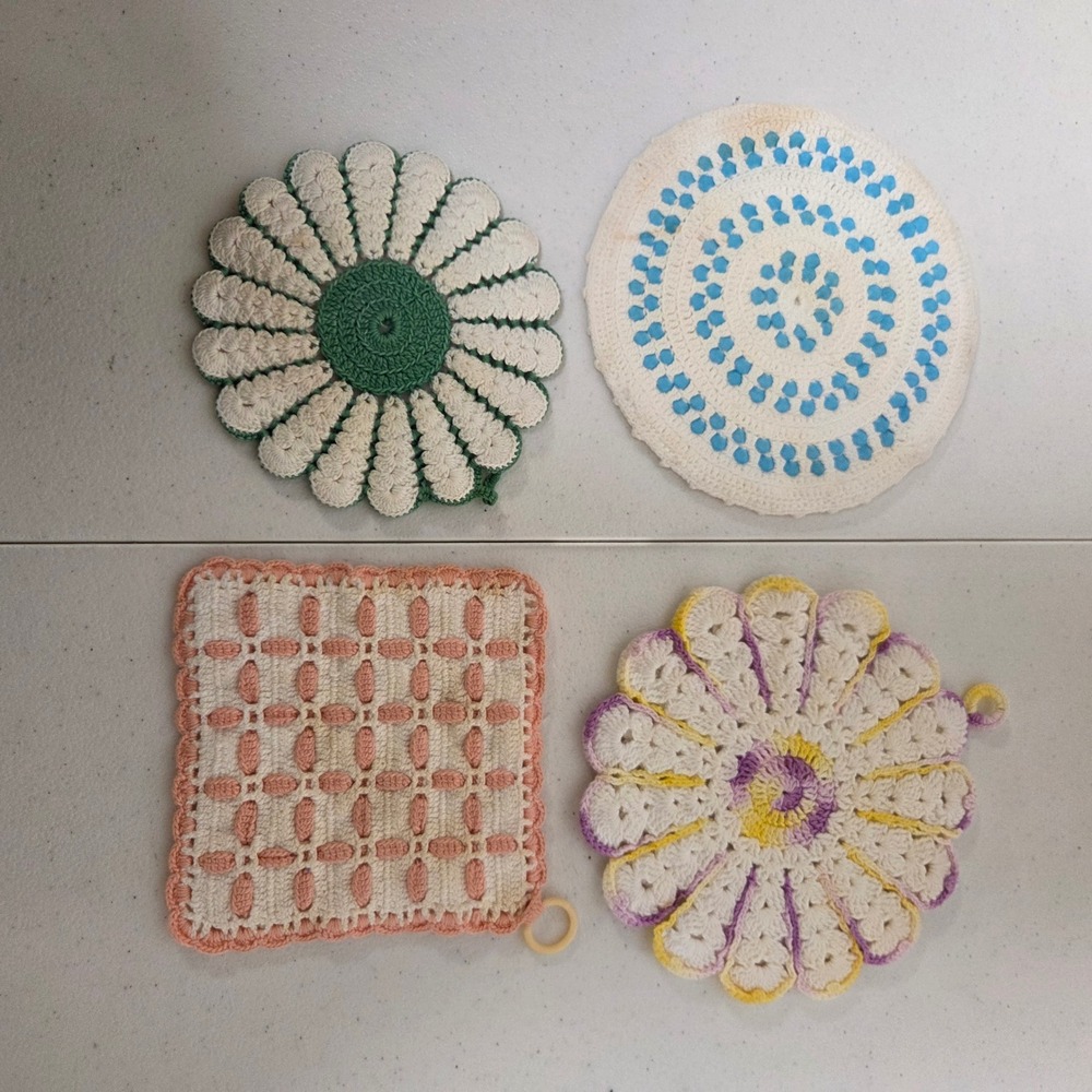 Vintage Hand Crochet Potholders Trivets Set of 4 Floral Square Round Multi Color